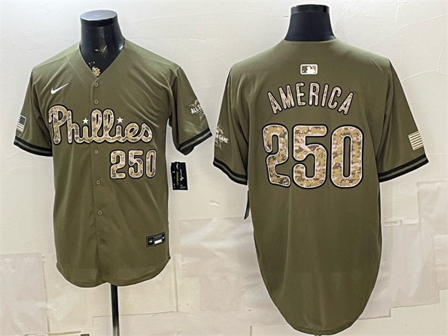Men's Philadelphia Phillies #250 America Olive 2026 Armed Forces Day Stitched Baseball Jersey